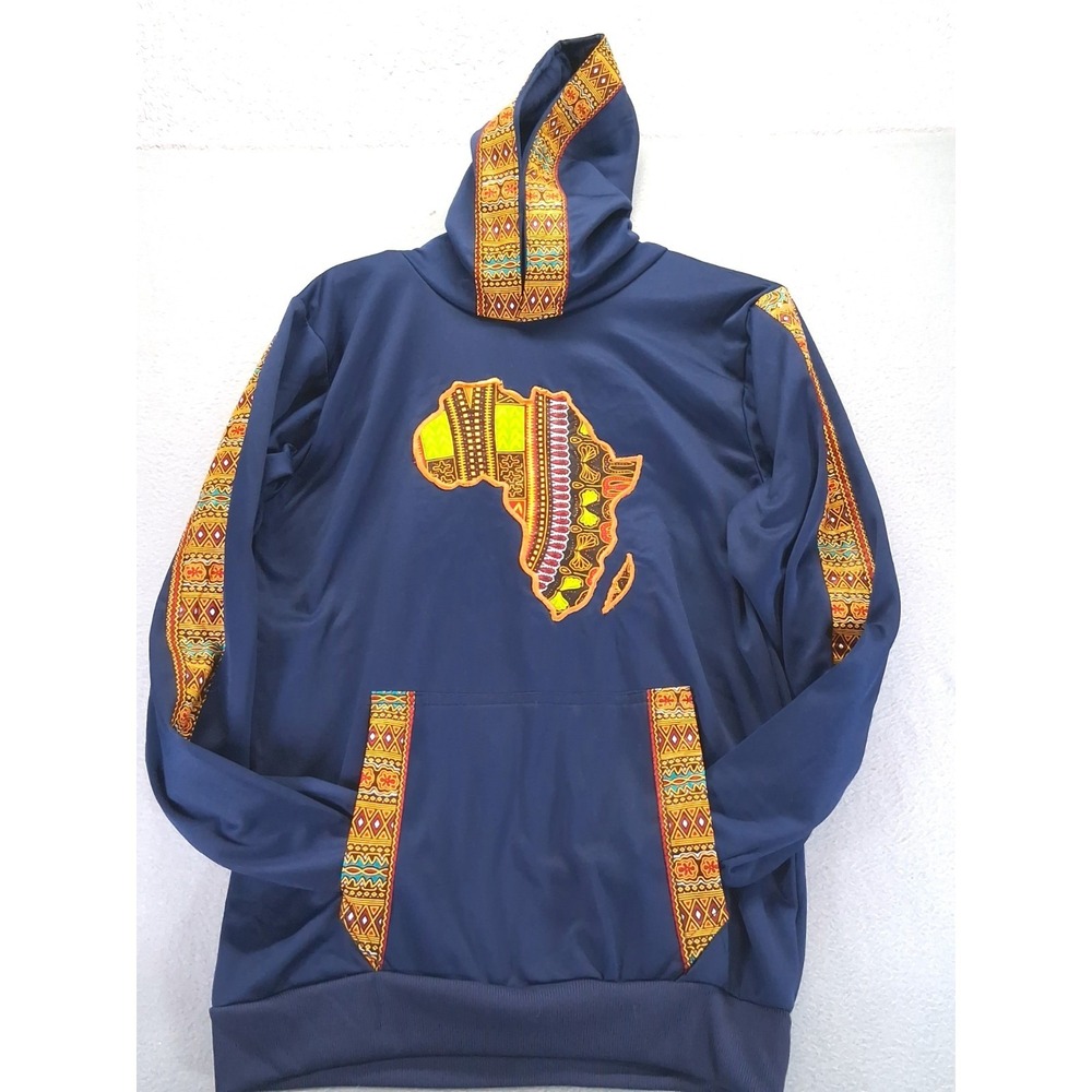 No Brand Africa Map Patched Men Fleece Hoodie Sweater Blue,‎ Size S,